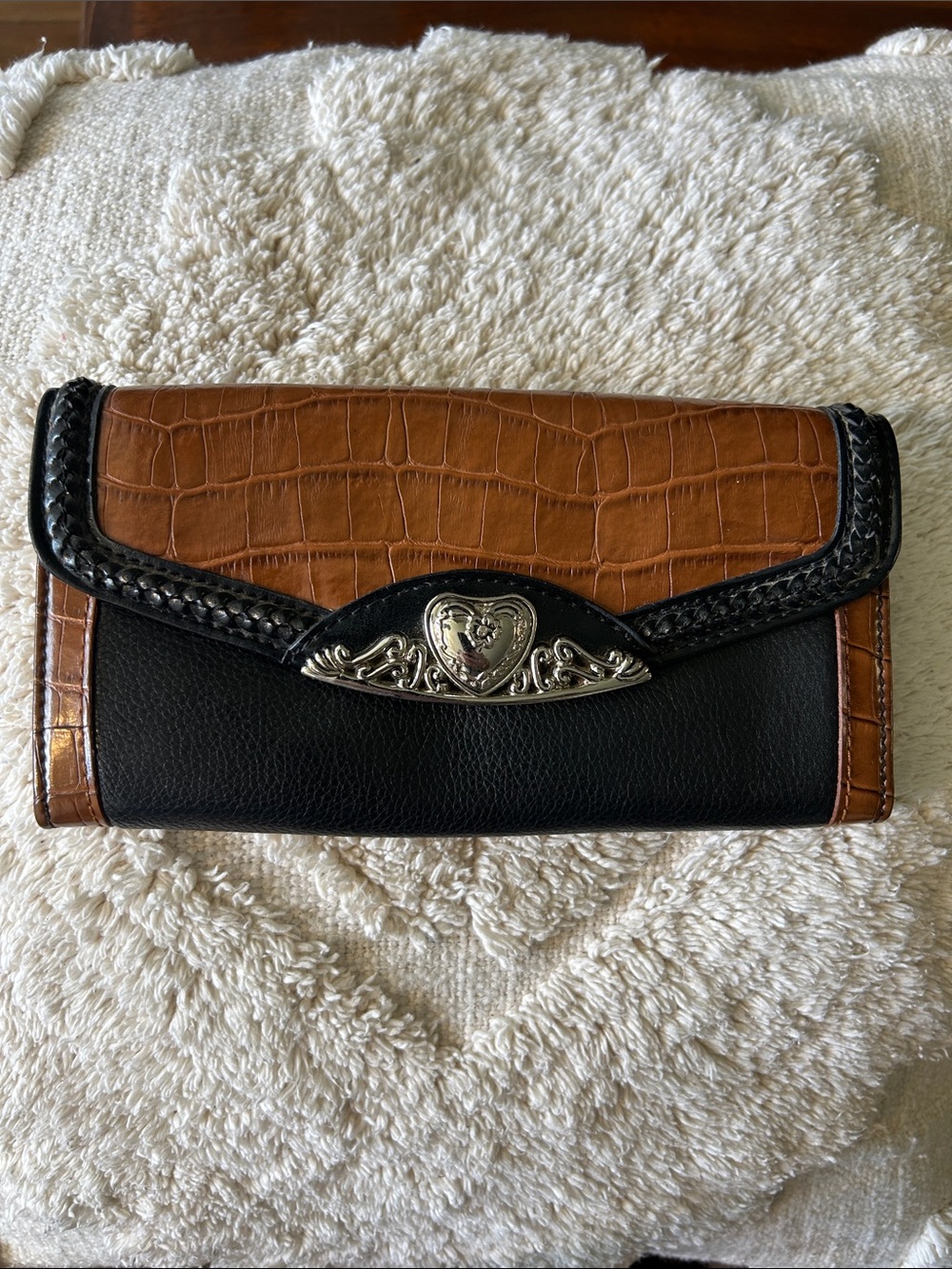 Coldwater Creek Brown & Black Leather Clutch Wallet with Heart Accent